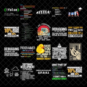 Puede incluir: Un gráfico negro con citas e imágenes relacionadas con la programación. Incluye textos como "Debugging" y "Hago que la computadora emita pitidos". Contiene fragmentos de código y declaraciones humorísticas.