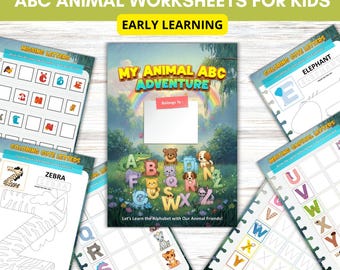 Hojas de trabajo con animales del alfabeto para niños: Letras mayúsculas para trazar, escribir y colorear (PDF imprimible).