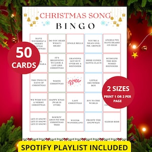 May include: Christmas Song Bingo game card with 50 cards and 2 sizes available. The card features a red and white design with Christmas song titles like "Jingle Bells" and "Rudolph the Red-Nosed Reindeer". Includes a Spotify playlist.