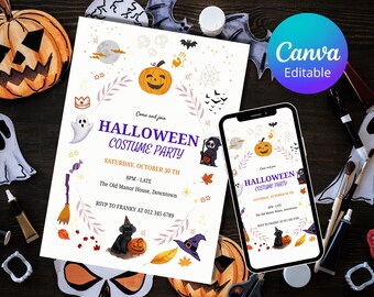 Plantilla de invitación para fiesta de disfraces de Halloween: Invitación editable de Canva (descarga instantánea)