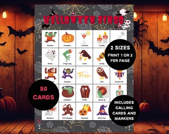 Juego de Bingo de Halloween: 50 Cartones Escalofriantes, Diversión en Clase o Familiar (Descarga Instantánea)