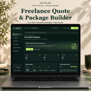 Könnte beinhalten: Ein Laptop-Bildschirm mit der Benutzeroberfläche des Quotelume Freelance Quote & Package Builder. Das dunkel gestaltete Dashboard zeigt Navigationsmenüs, Arbeitsbereichsstatistiken, aktuelle Angebote und Gesamtsummen in USD.