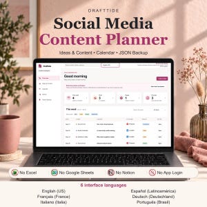 Puede incluir: Una computadora portátil que muestra la interfaz del planificador de contenido Drafttide con un panel que muestra el estado del contenido, el calendario y las listas de clientes. El texto incluye 'No Excel', 'No Google Sheets', 'No Notion' y 'No App Login'.