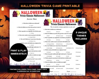 Juego de preguntas de Halloween imprimible / Cuestionario de 5 temas para familias y aulas, descarga instantánea en PDF, 50 preguntas