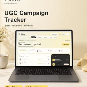 以下が含まれることがあります： Brieva Creator Workspace UGC Campaign Trackerのインターフェースを表示したノートパソコン。画面にはキャンペーン指標、アクティブなプロジェクト、今後のタスクを示すダッシュボードが表示されています。テキストには「Your next take, organized.」および「Offline HTML app」が含まれています。