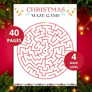 May include: A white Christmas Maze Game with a red maze design. The game has 40 pages and 4 maze levels. The words "Christmas Maze Game" are at the top. The image is decorated with Christmas ornaments and greenery.