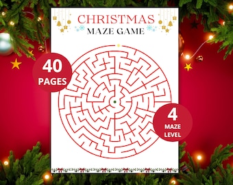 Juego de laberintos navideños imprimible: 40 laberintos festivos para niños con 4 niveles de dificultad
