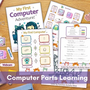 Könnte beinhalten: Lehrreiche Arbeitsblätter zum Erlernen von Computern mit farbenfrohen Illustrationen. Enthält Arbeitsblätter mit Computerteilen, Ausschneide- und Klebeaktivitäten sowie Ausmalübungen nach Funktionen. Mit dem Text "My First Computer Adventure!" und "Computer Parts Learning".