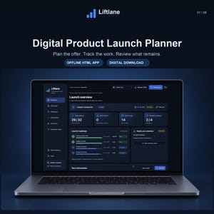 May include: A laptop displaying the Liftlane Digital Product Launch Planner interface with a dark theme. The screen shows a launch overview dashboard with progress bars, task counts, and a roadmap. Text includes Liftlane, Digital Product Launch Planner, Plan the offer. Track the work. Review what remains., OFFLINE HTML APP, and DIGITAL DOWNLOAD.