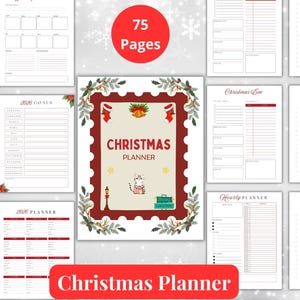May include: A Christmas planner with 75 pages, featuring a festive design. The cover includes the text "Christmas Planner" and a cute illustration. Various planning pages are visible, including goal setting and checklists.
