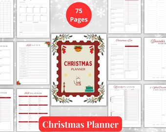 Paquete imprimible de planificador navideño de 75 páginas. Organizador de vacaciones. Descarga digital. Plantilla editable en Canva.