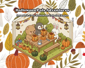 Kawaii Isometric Cozy Halloween Coloring Pages: Cozy Animal Pals (Printable PDF)