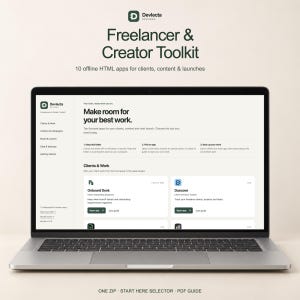 Op de afbeelding: Een laptopscherm met de interface van de Devlecta Freelancer & Creator Toolkit, voorzien van een dashboard met 10 offline HTML-apps voor klanten, content en lanceringen, waaronder de projectbeheertools Onboard Desk en Duecove.