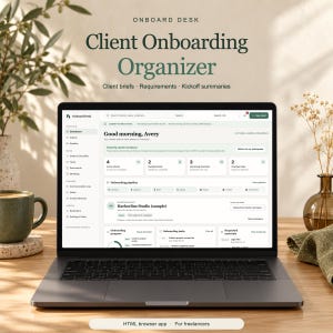 Op de afbeelding: Een laptop met de software-interface Onboard Desk Client Onboarding Organizer. Het scherm toont een dashboard met klantgegevens, een onboarding-pipeline en takenlijsten voor freelancers. De tekst op het scherm is Onboard Desk.