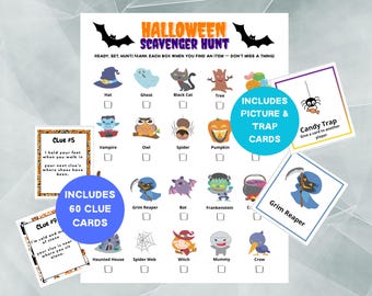 Juego de búsqueda del tesoro de Halloween: Tarjetas con imágenes y pistas (PDF imprimible)