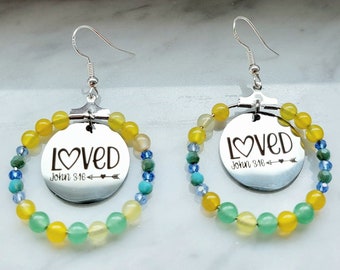 Loved John 3:16 Charm Hoop Earrings |  Yellow Quartz, Aventurine, Glass | Sterling Silver | Statement Hoops