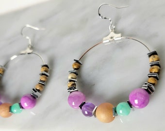 Colorful Semiprecious Chunky Hoop Earrings | Picture Jasper, Purple Amethyst, Quartz, Peach Druzy Agate, Hematite Accents | Sterling Silver