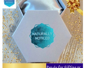 Jewelery Gift Box | Hexagon | Satin Lining | Shiny Metallic Foil Cover | Naturally Noticed Logo Brand | Size: Earrings, Necklace, Bracelet