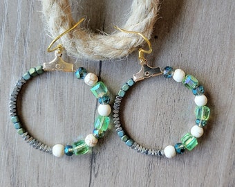 Asymmetrial Earrings | White Turquoise; Faceted Green Blue Aqua Glass; Matte & Metallic Hematite | Mismatch Style | Chunky 1.25" Hoops