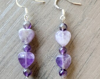 Amethyst Purple Heart Shape Dangle Earrings | Gift for Wife, Girlfriend, Daughter, Friend, Sister, Grandma | Semiprecious Stone Jewelry
