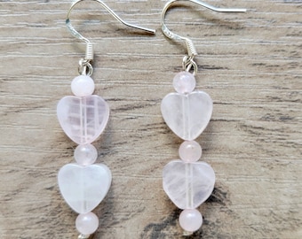 Heart Rose Quartz Dangle Earrings | Gift for Wife, Girlfriend, Daughter, Friend, Sister, Grandma | Light Pink | Semiprecious Stone Jewelry