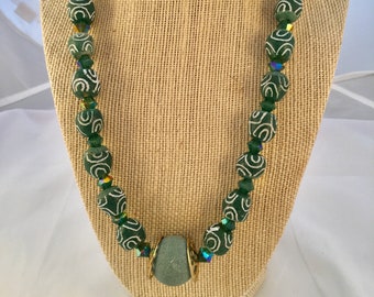 Green Krobos Beads and Swarovski Crystal Necklace