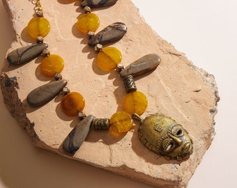 Bronze African Mask Pendant on Necklace of Citrine Coins and Brown Septarian Stones