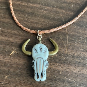 Cow Skull Pendant on Twisted Leather Necklace