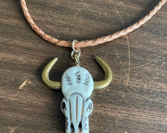 Cow Skull Pendant on Twisted Leather Necklace