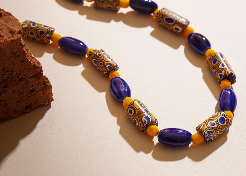 Cobalt Blue African Patterned Beaded Ethnic Statement Necklace image 2