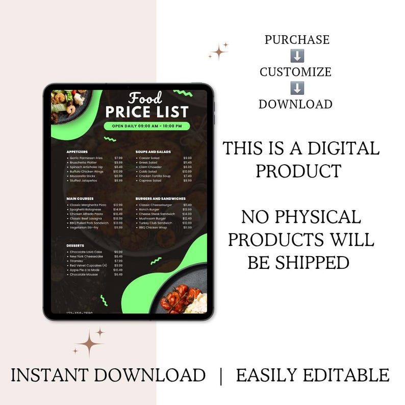 Modern Food Price List Menu Template: Editable Canva Design (digital ...