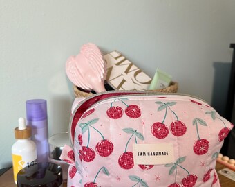 Personalisable Handmade Quilted Makeup Bag, Disco Cherry Print, Large Toiletry Bag