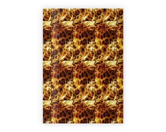 May include: A rectangular print featuring a repeating leopard print pattern. The design showcases a warm color palette of brown, tan, and black spots, creating a textured and animalistic aesthetic. The print is set against a white background.