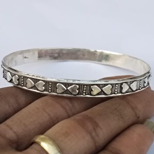 925 Sterling Silver Heart Engraved Bangle | Minimalist Slim Cuff Bracelet