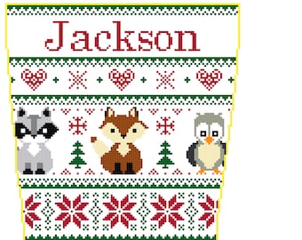May include: A white Christmas stocking with a red and green Scandinavian pattern. The stocking features a variety of woodland animals, including a fox, owl, raccoon, bear, moose, and skunk. The stocking is personalized with the name "Jackson".