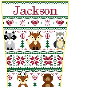 May include: A white Christmas stocking with a red and green Scandinavian pattern. The stocking features a variety of woodland animals, including a fox, owl, raccoon, bear, moose, and skunk. The stocking is personalized with the name "Jackson".