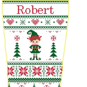 Christmas Stocking Cross Stitch Elf with Poinsettias and Christmas Trees