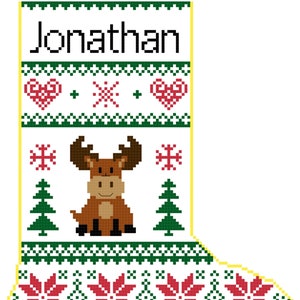 May include: A white Christmas stocking with a yellow border, featuring a red and green knit pattern. The stocking has a moose design and the name "Jonathan" at the top.