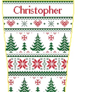 May include: A white Christmas stocking with a green and red knitted pattern. The stocking has the name "Christopher" at the top.