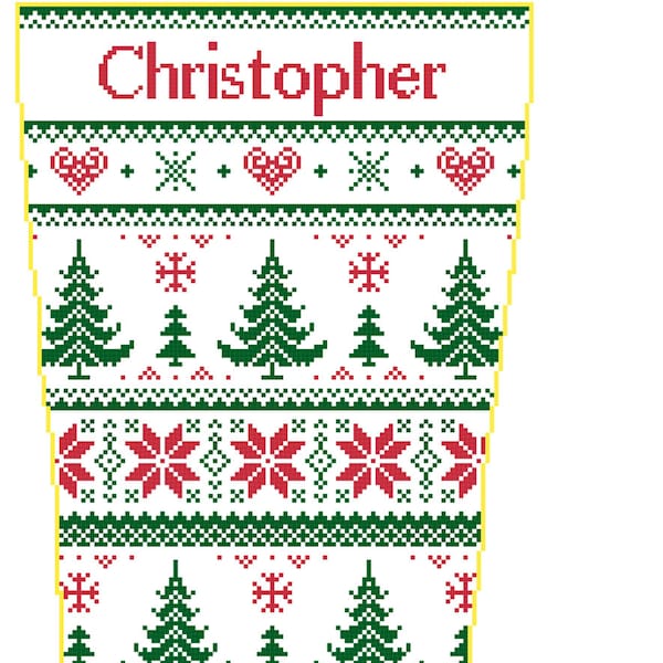 Christmas Stocking Cross Stitch Christmas Trees and Poinsettias with Name