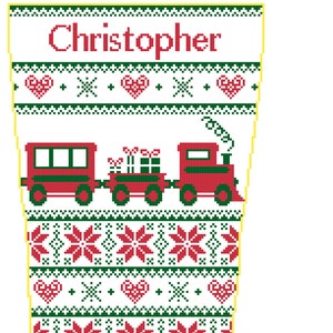 Christmas Stocking Cross Stitch Train and Poinsettias 3 with Name