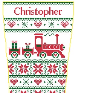 May include: A red and green Christmas stocking with the name "Christopher" at the top. The stocking features a repeating pattern of snowflakes, hearts, and stars. There are two red toy trains with green boxcars carrying presents.
