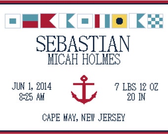 Nautical Flags Birth Record/Announcement Wall Art Cross Stitch Pattern