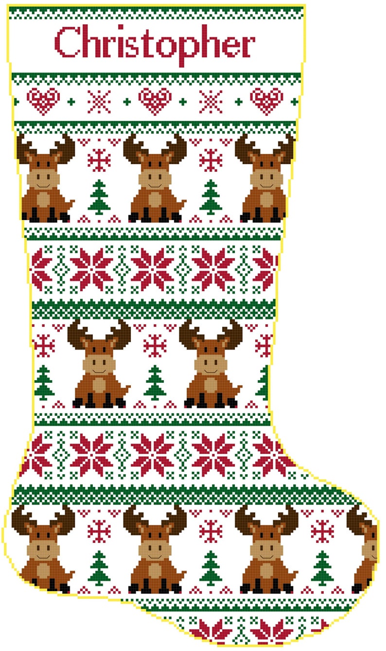 Cross Stitch Christmas Stocking Woodland Moose and Poinsettias Etsy