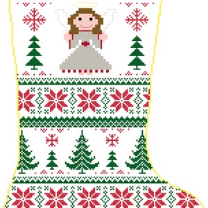 Christmas Stocking Cross Stitch Angel and Poinsettias with Name