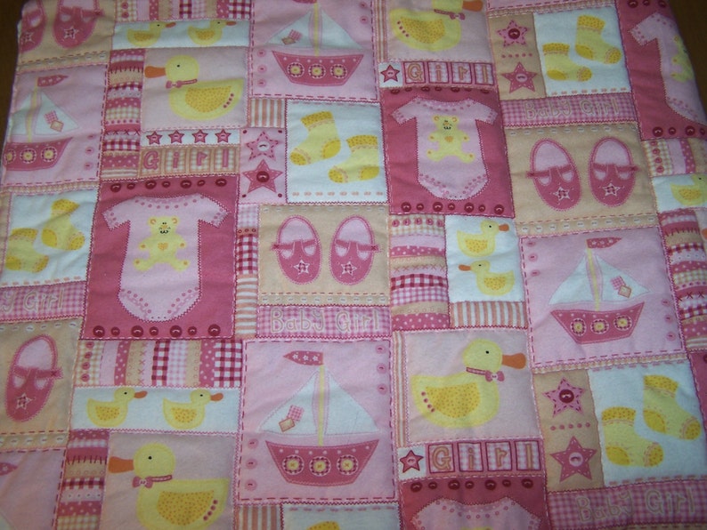 Pink Hand Quilted Flannel Baby Blanket image 1