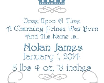 Once Upon a Time Prince Wall Art Cross Stitch Pattern Birth Announcement / Birth Record