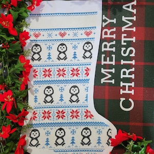 Finished Cross Stitch Stocking Penguins and Poinsettias