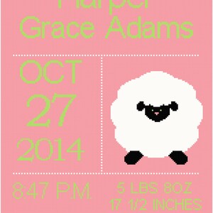Lamb 2 Birth Record/Announcement Wall Art Cross Stitch Pattern For Girl