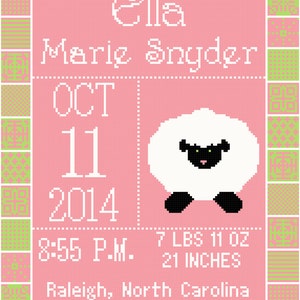 Lamb Birth Record/Announcement Wall Art Cross Stitch Pattern For Girl
